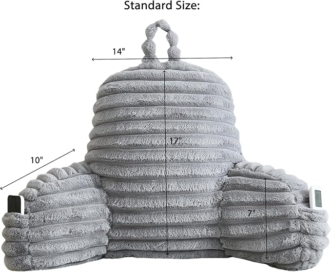 Faux Fur Fluffy Gray Reading Pillow with Pockets, Luxury Striped Plush Decorative, Arm Rests and Back Surport for Bed Rest, Lounging on sofa, Standard