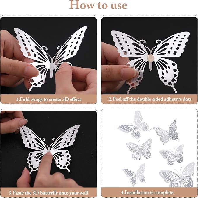 SAOROPEB 3D Butterfly Wall Decor, 48 Pcs 4 Styles 3 Sizes, Removable Metallic Wall Sticker Room Mural Decals for Kids Bedroom Nursery Classroom Party Decoration Wedding Decor DIY Gift (SLIVER)