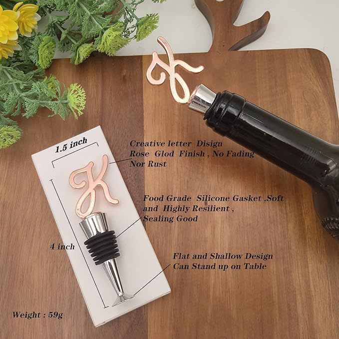Monogram Wine and Beverage Bottle Stopper, Initial letter wine stoppers Decorative, Creative Wine Gift for Kitchen Bar Wedding Rose Gold Finish,Reusable, letter K