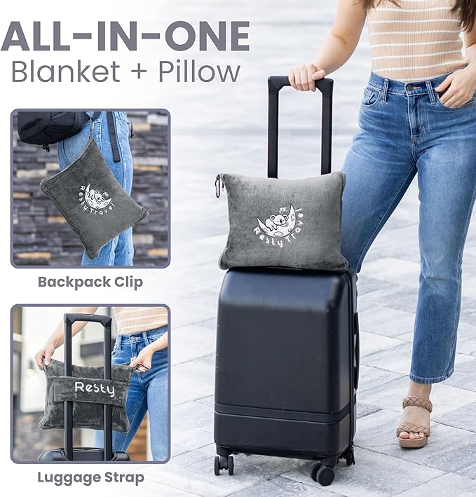 Resty Travel Blanket - Compact Airplane Blanket with Bag - Small and Lightweight Traveling Blanket & Pillow - Portable Blankets with Carabiner for Easy Transport - Plane Train Car (Deep Gray)