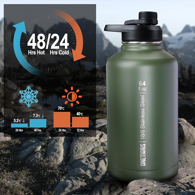 OneTigris Tactical Half Gallon Water Bottle with Straw - 64 oz Vacuum Insulated Stainless Steel Water Jug, Leakproof Sport Bottle with 3 BPA Free Lids, Paracord Handle & MOLLE Water Pouch for Outdoor