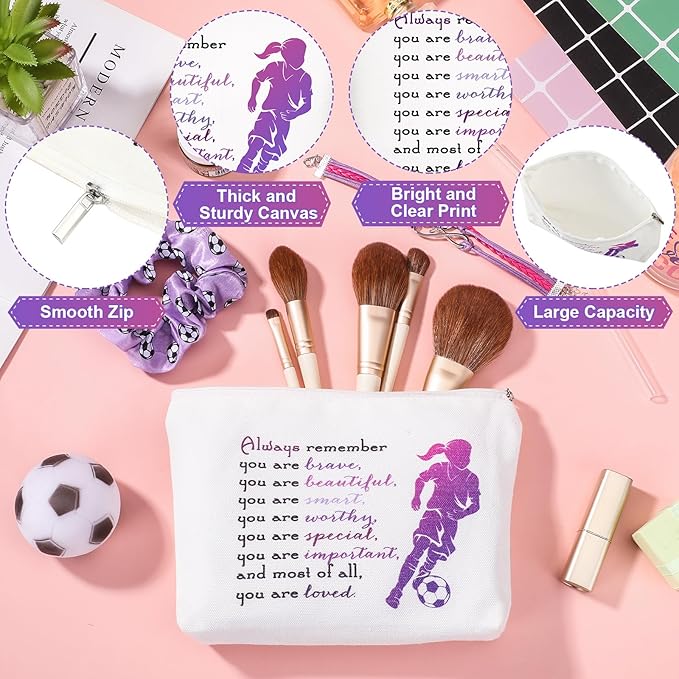 SilTriangle 4 Pcs Girls Soccer Gifts Soccer Glass Cup 16oz Soccer Water Bottles Inspirational Soccer Theme Makeup Bag Soccer Bracelet Elastic Soccer Scrunchies for Girls Back to School Soccer Lovers