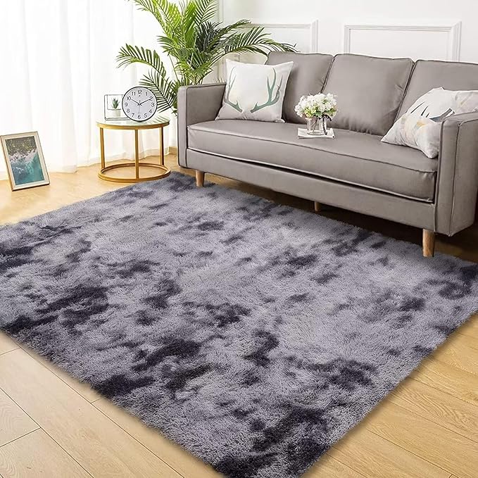 Fluffy Grey Rugs for Bedroom Living Room 10x13 Extra Large Soft Shaggy Throw Carpet Non Slip Furry Fuzzy Rugs for Nurery Kids Room Plush Cozy Non Shedding Home Decor Mat, Tie Dye Dark Grey