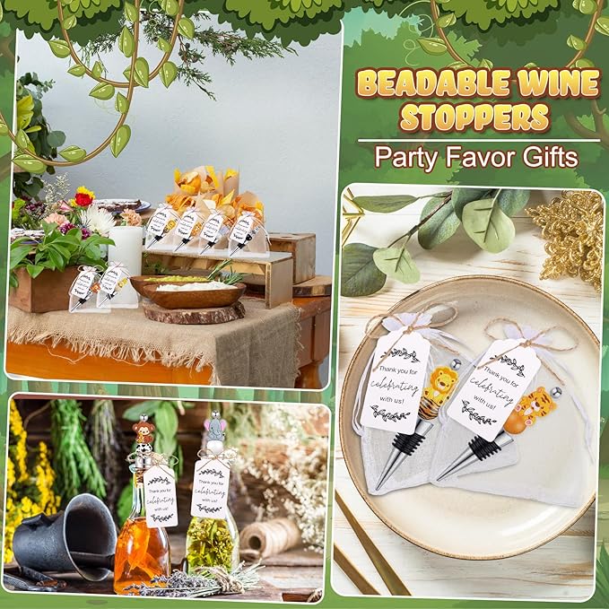 Gisafai 24 Sets Beadable Wine Stoppers for Wine Bottles Bulk Reusable Wine Saver Corks Jungle Animals Silicone Beads with Bags Labels Ropes for Baby Shower Gifts DIY Safari Wedding Party Bar Summer