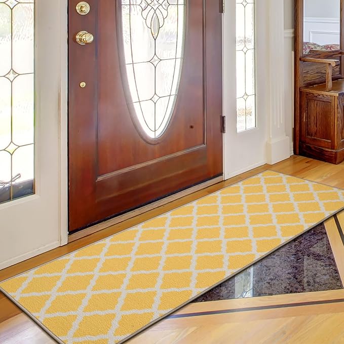 Machine Washable Moroccan Trellis Design Non-Slip Rubberback 2x5 Traditional Indoor Runner Rug for Hallway, Kitchen, Bedroom, Entryway, 20" x 59", Yellow