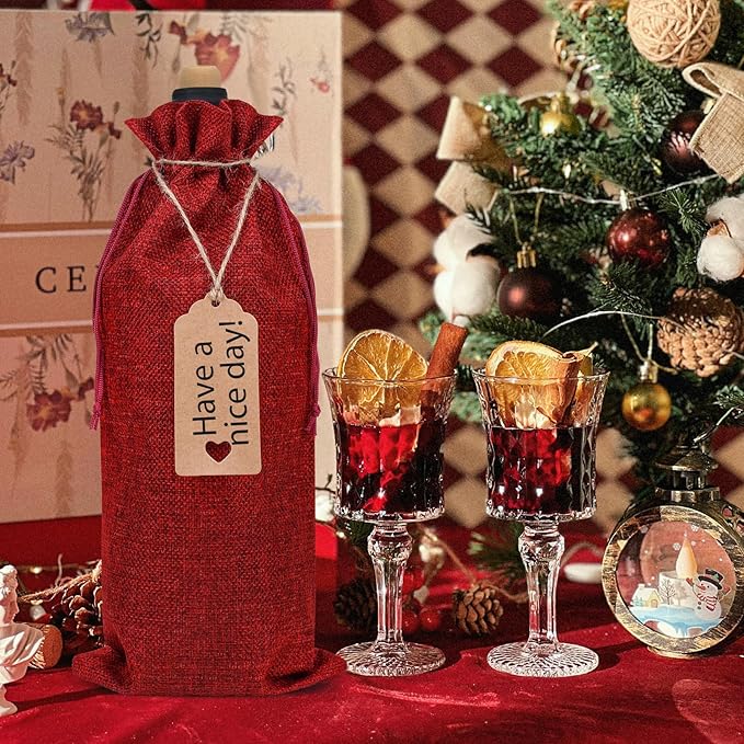 EVRWO Burlap Wine Bags 12 Pcs Wine Bottle Gift Bags Reusable Gift Bags With Drawstrings Tags & Ropes for Holiday Weedings Party, Birthdays, Travel, Blind Tastings, Home Storage 750ml (Burgundy)