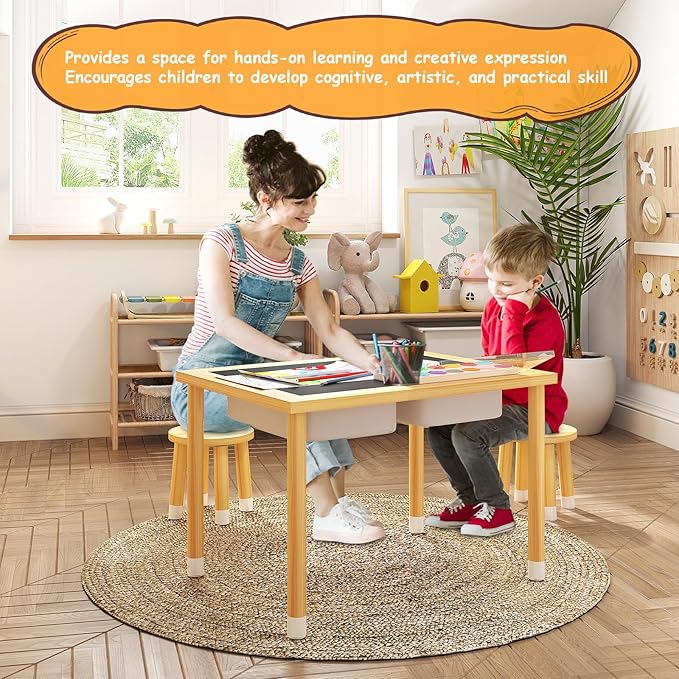 Sensory Table with 2 Stools, Wooden Kids Sensory Tables with Double-Side Board & 2 Storage Bins for Toddlers 1-3, Multipurpose Sensory Table for Boys and Girls Indoor/Outdoor Classroom Use