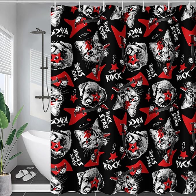 AILONEN Kitten and Puppy Shower Curtain,Rock Kitten Puppy Bath Curtains for Kids Boys Girls,Animal Polyester Waterproof with Plastic Hooks 36" W*72" H