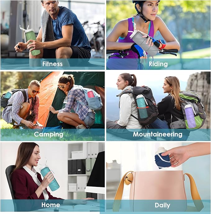 4 pack Collapsible Water Bottles Reusable Leakproof Silicone Water Bottle BPA Free Durable Foldable Sports Bottles & straw 23oz Lightweight Bottle