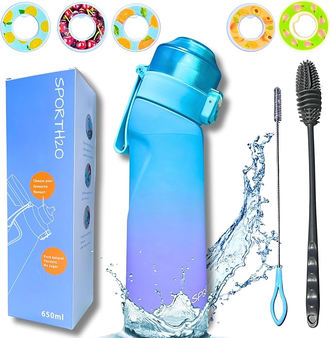 Air Water Bottle 650ml – Water Bottle With 5 Scented Pods, 0% Sugar BPA Free Cup with Bottle & Straw Brushes | Suitable for Outdoor | Sports | Gift Idea (New Gradient Blue/Purple + 5 Pods)