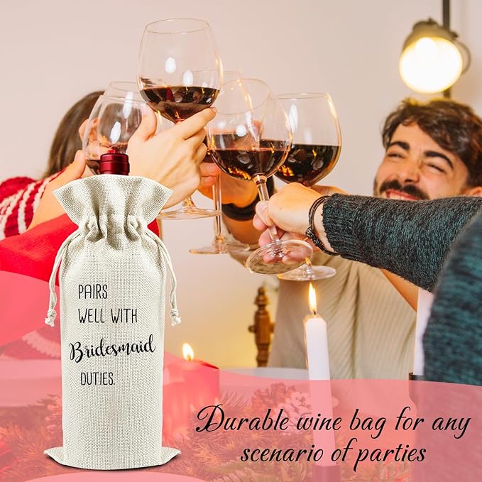 Pairs Well with Bridesmaid Duties - Gifts for Maid of Honor Wine Bags, 1 PC Reusable Drawstring Burlap Wine Bottle Bags, Wedding Gifts for Women Ladies, Bridal Shower Party Decorations -14