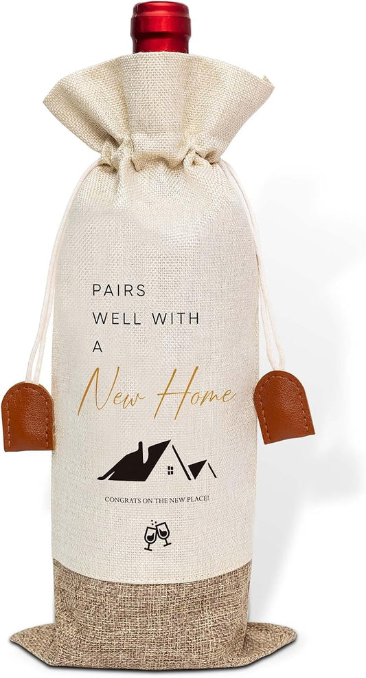 Housewarming Gifts Wine Bag, First New Home House Homeowner Gift, Cotton Linen Wine Gift Bag With Drawstring, Client Gift From Realtors, Sweet Home Congrats Gift for Men Women Wife Husband