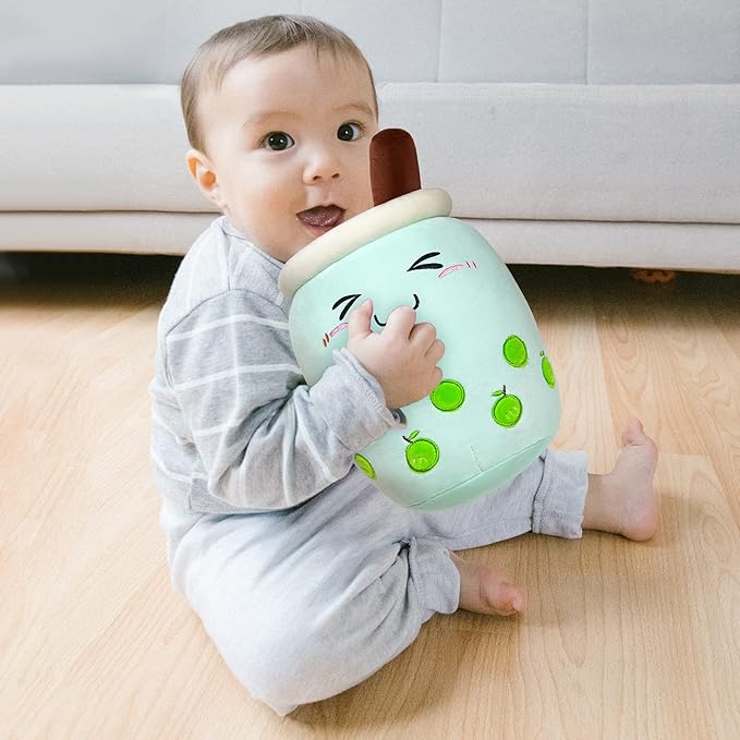 Niuniu Daddy 13in Green Boba Plushie - Cute Bubble Tea Stuffed Toy Pillow for Kids and Toddlers - Great Birthday/Christmas Gift