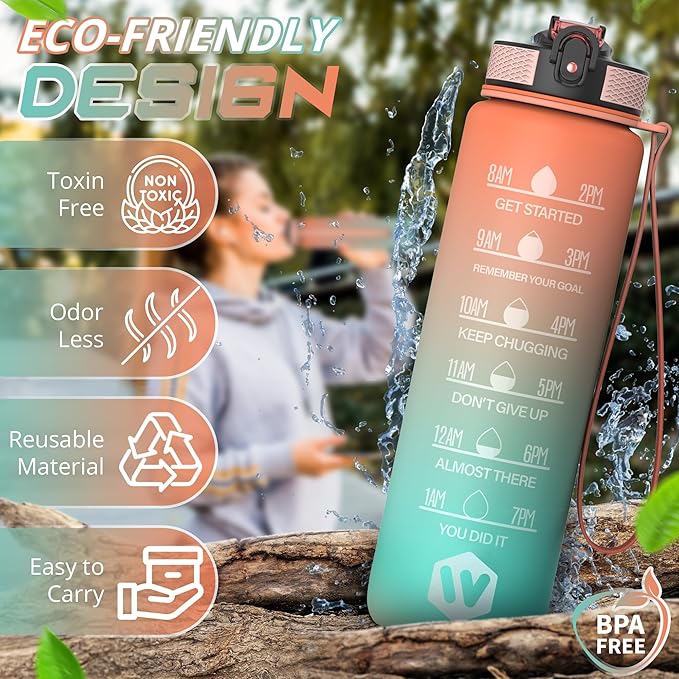 32 oz Water Bottle with Time Marker Leak-Proof & BPA Free Reusable Gym Water Bottle Easy to Carry Motivational Water Bottle for Fitness, Sports, Cycling (Orange & Light Green orange Head)