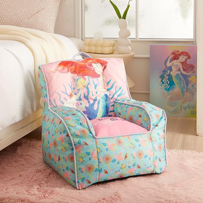 Idea Nuova Disney Little Mermaid Kids and Toddler Canvas Bean Bag Chair with Piping & Top Carry Handle