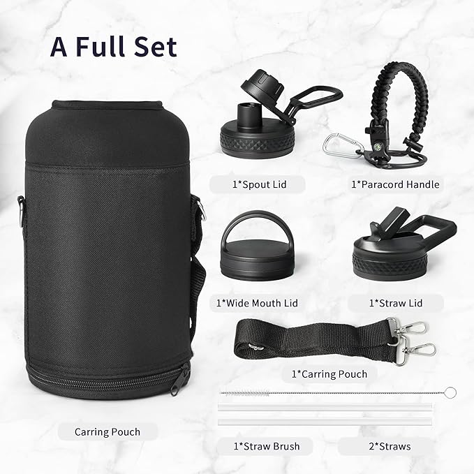 Trebo One Gallon Water Bottle Insulated with Paracord Handle,128oz Food-grade Double Wall Vacuum Stainless Steel Insulated Jug with Straw Spout Handle Lids, Leakproof Keep Cold & Hot,Black