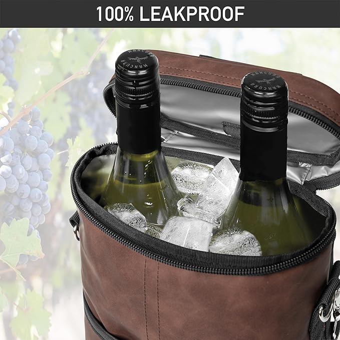 OPUX 2 Bottle Wine Carrier Tote, Insulated Leakproof Wine Cooler Bag, Wine Travel Bag for Picnic BYOB Beach, Portable Wine Bottle Carrying Case, Gift for Wine Lover Women Men Christmas, Brown Leather