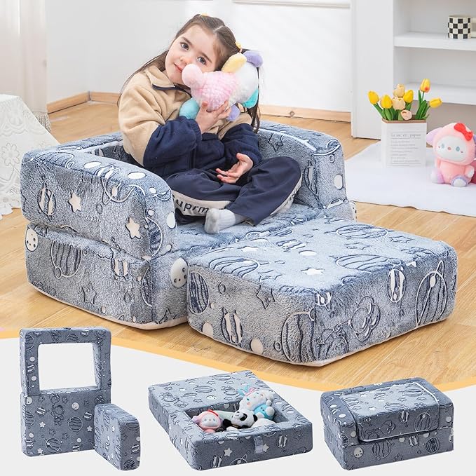 Kids Sofa Couch 3-in-1 Modular Toddler Couch Glowing Grey Baby Couch Foam Armchair for Boys & Girls Children Convertible Sofa to Lounger Plush Fold Out Sofa Play Set with One Ottoman, One Seat