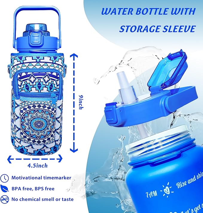 64 oz Water Bottle with Straw Sleeve & Strap Motivational Half Gallon Water Jug with Handle for Gym Women Men Aesthetic Water Bottle with Strap Datura