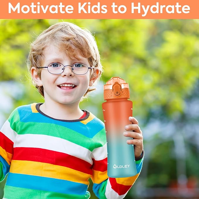 OLDLEY Kids Water Bottle for School with Straw Chug Lid, 15 oz Unbreakable Leak-Proof BPA-Free Motivational Water Bottles with Time Marker for Travel Sports Gym, 2 Lids, Orange/Green
