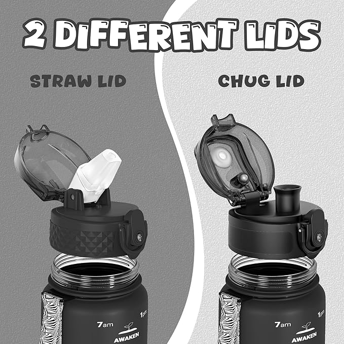 OLDLEY Kids Water Bottle for School, 17 oz (2 lids) BPA-Free Reusable Leak-proof Durable Tritan Plastic Water Bottles with Straw & Chug Lids, Anti-dust Spout Cover (Black)