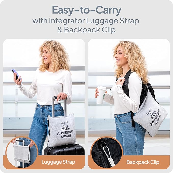 Travel Pillow & Blanket Set - Super Soft 2 in 1 Blanket with Cozy Hand & Feet Pouches Zip into Plush Pillows - Large Size Wraps You in Warmth on Airplanes - Luggage Sleeve & Backpack Clip (Gray)