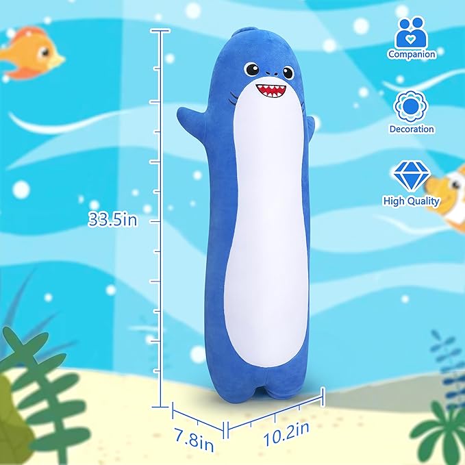 Large Shark Plush,33.5” Long Shark Stuffed Animal,Cute Plushies Long Shark Plush Toys,Kawaii Sleeping Animal Body Pillow,Soft Plush Hugging Pillow,Ideal Snuggle Buddy for Kids Adults