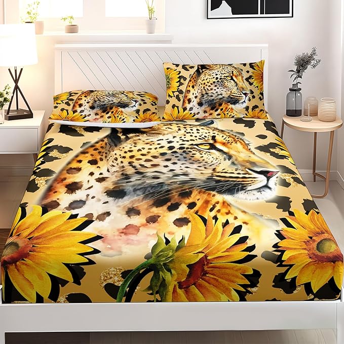 AILONEN Leopard Fitted Sheet Set for Boys, 3 Pieces Twin XL Yellow Sunflower and Animal Cheetah Leopard Printed Fitted Sheet Set for Kids Adults,1 Fitted Sheet with 2 Pillowcases