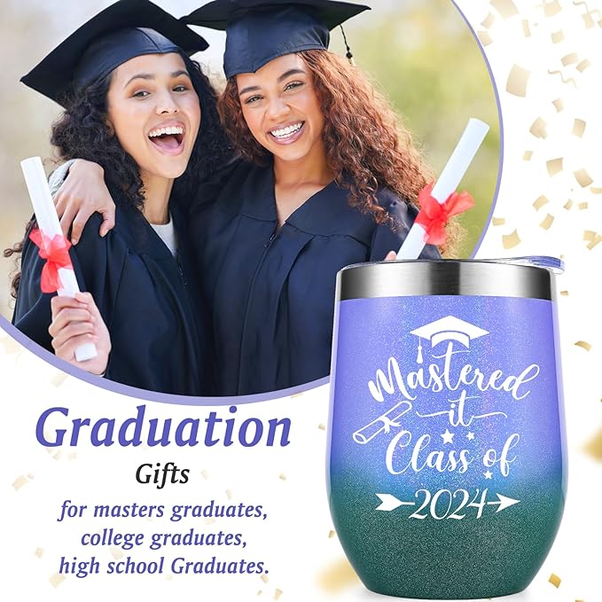 Lifecapido Graduation Gifts, Mastered it Class of 2024 12oz Wine Tumbler with Keychain, 2024 High School College Masters Degree PHD Graduation Gifts for Her Graduates Friends Classmates, Gradient