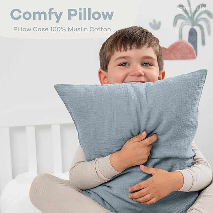 Comfy Cubs Toddler Pillow with Soft Muslin Pillowcase, 13"x18", Pacific Blue, 2 Pack - Kids Pillow for Sleeping & Travel - Comfortable Small Pillow - Kids Travel Pillow with Breathable Microfiber Fill