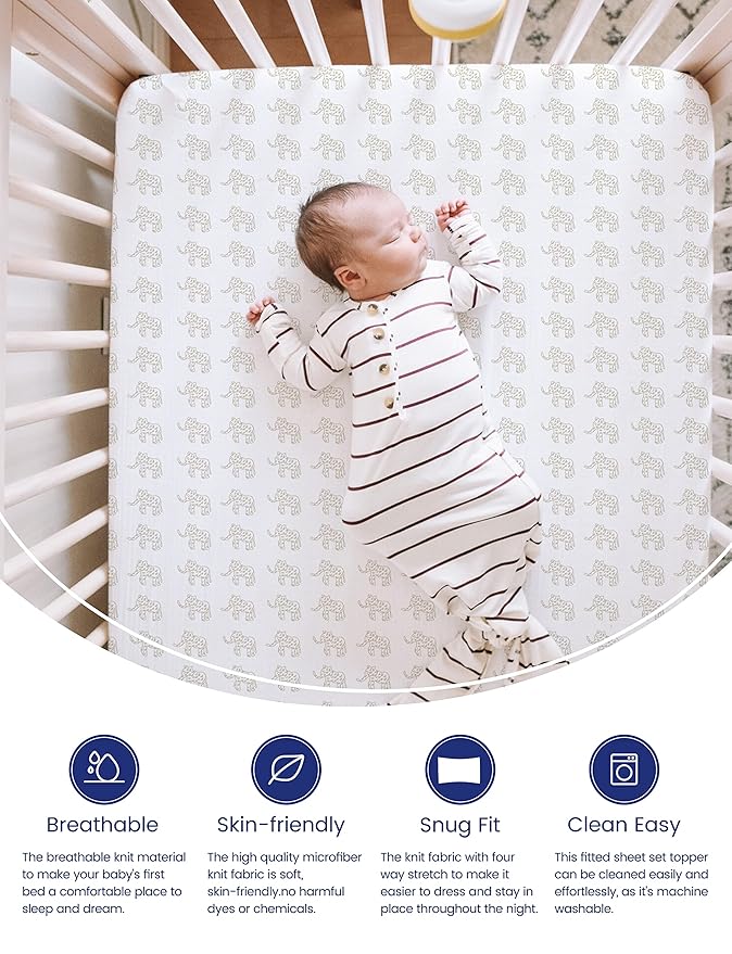 TotAha Premium Stretchy Crib Sheets (2-Pack)-Hypoallergenic, Silky Comfort, Buttery Soft, Calming Effect, All-Season Jersey-Knit Sheets, 9'' Extra Deep Pocket (Belgian & Blue Painted Elephant)