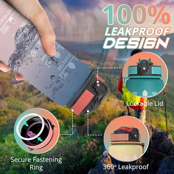 32 oz Water Bottle with Time Marker- Leak-Proof & BPA Free Reusable Gym Water Bottle - Easy to Carry Motivational Water Bottle for Fitness, Sports, Outdoor, (Mermaid with covered lid)