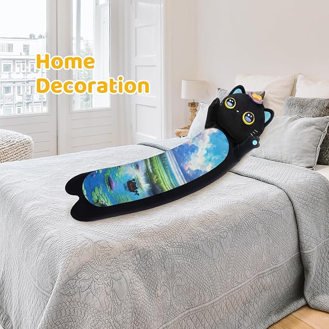 Long Cat Plush Kawaii Kids Plush Toy Pillows, Cute Black Cat Stuffed Animals Soft Plushies, Kitten Big Plush Toys Throw Body Pillow Doll Gift for Girls Boy (Butterfly Black Cat 20 Inches)