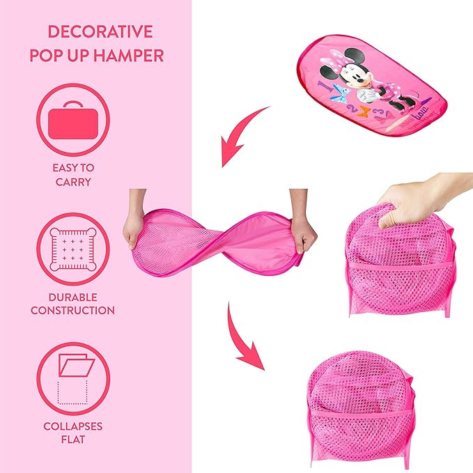 Disney Minnie Mouse Pop Up Hamper with Durable Carry Handles, 21" H x 13.5" W X 13.5" L