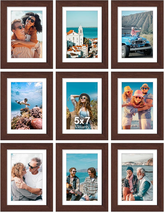 Vittanly 5x7 Picture Frames Set of 9, Shatter Resistant Plexiglass, Display 4x6 Pictures with Mat or 5x7 without Mat, Photo Frames for Wall or Tabletop, Engineered Wood, Walnut