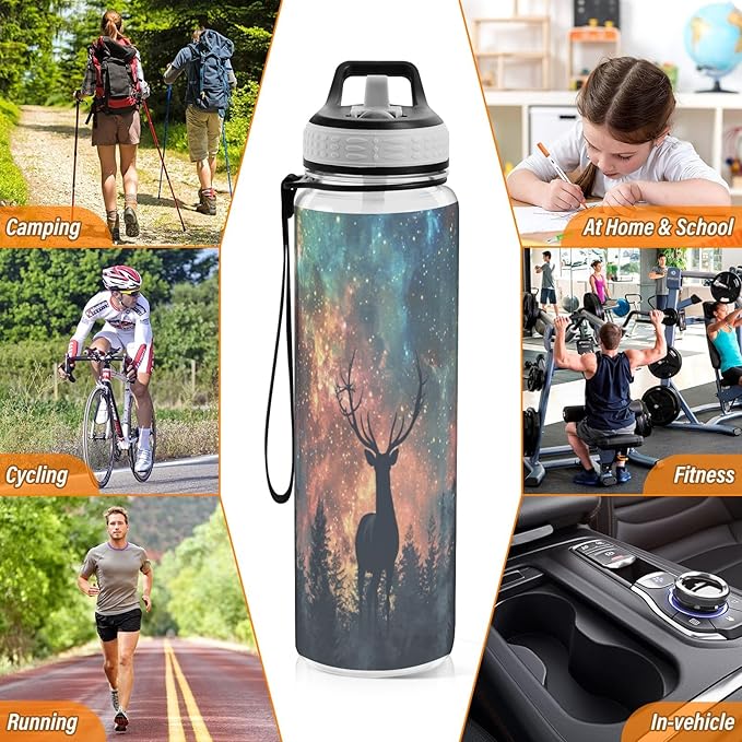 senya Magic Forest Deer Sport Water Bottle with Straw Tritan Clear Bottle for Outdoor Gym Travel