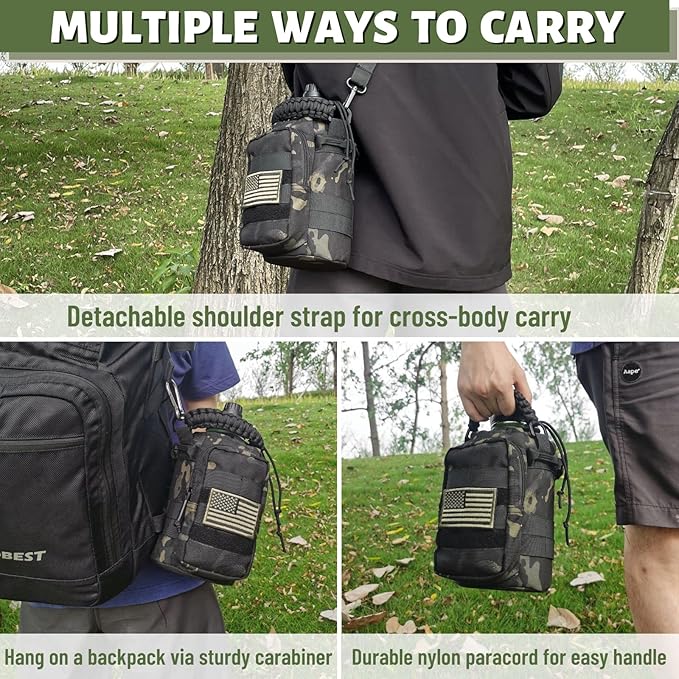64 Oz Water Bottle with Sleeve - Military Green Half Gallon Insulated Water Jug with Handle - Stainless Steel Sports Bottle for Gym Workout Hiking Camo Black Pouch