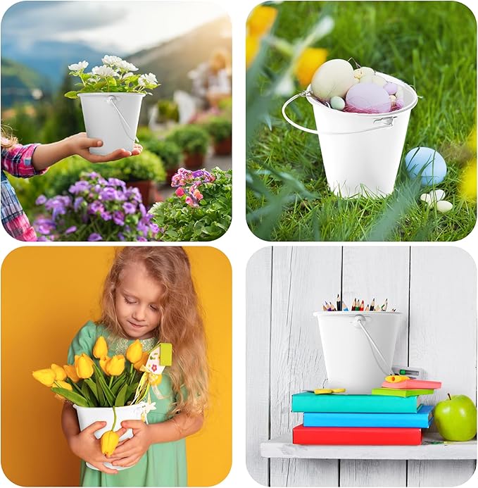 Small Metal Buckets with Handle 6 Pcs – Galvanized Bucket Leak Proof & Rust Resistant 48 fl oz Capacity - Best for Party Décor, Organizing & Decorating Classrooms (Large 6.3" Top, White)