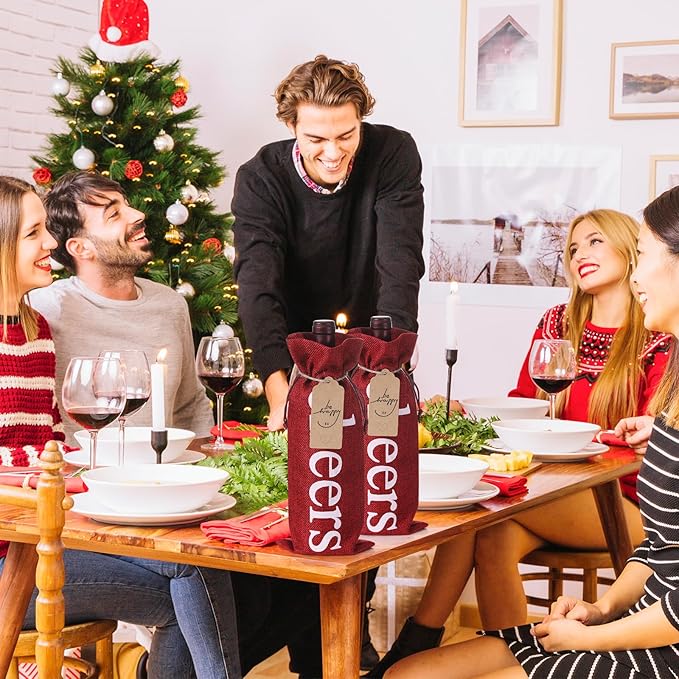 SIRIPHUM Burlap Wine Bags and Gift Tags, Wine Bottle Gift Bags with Drawstrings,Wine Bags Gift for Travel, Wedding, Holiday Party,Birthdays,Housewarming and Dinner Party (Natural-12PCS)