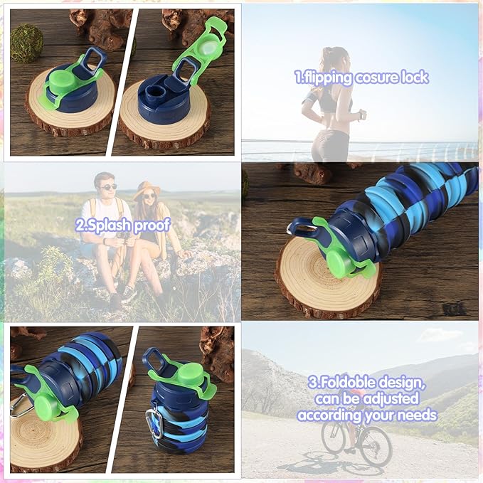 MAQUITA 4 Pcs Collapsible Water Bottles 16 oz Portable Foldable Water Bottles Silicone Leak Proof Travel Water Bottle Reusable Sports Water Bottle with Metal Clip for Camping Hiking Travel