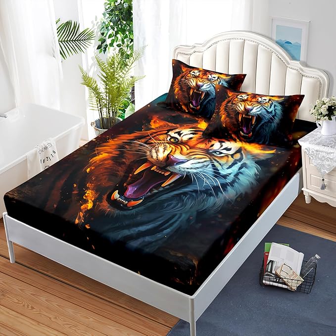 AILONEN Tiger Fitted Sheet Set Full Size for Boys, Safari Tiger Bed Sheet Set for Kids Teen,3 Pieces Wildlife Bedding Flame Animal Tiger Print Fitted Sheet with 2 Pillowcases