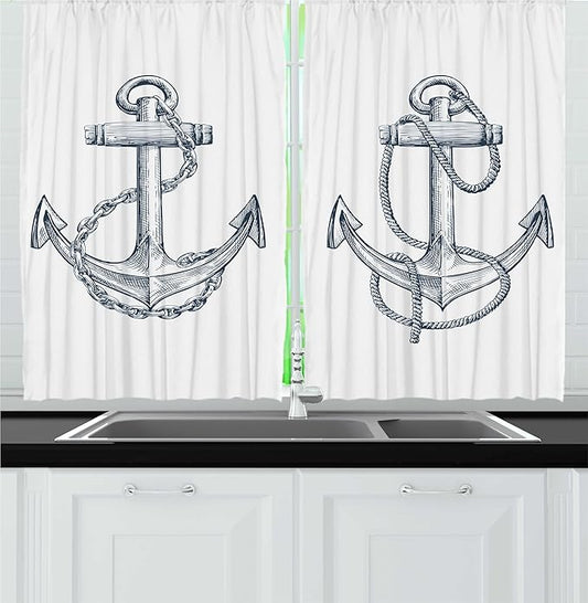 Ambesonne Anchor Kitchen Curtains, Vintage Sketch Nautical Element Ship Sailing Travel Theme Chain Rope, Window Drapes 2 Panel Set for Kitchen Cafe Decor, 55" x 36", Teal White