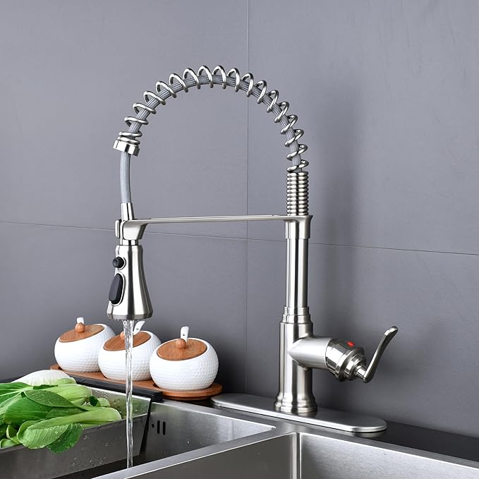 Kitchen Sink Faucet with Pull Down Sprayer,Brushed Nickel Kitchen Faucet Spring Gooseneck Faucet Pull Out,Single Handle High Arc Kitchen Sink Faucet for Farmhouse Camper Utility Rv Wet Bar