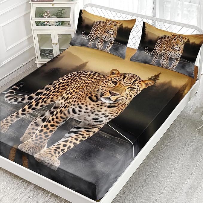AILONEN Leopard Fitted Sheet Set Twin Size, 3D Cheetah Printed Bed Sheet Set,Wildlife Bedding Leopard Sheet Set,Wild Animal Leopard Bed Sheet Set Boys Fitted Sheet with 2 Pillowcases,3 Pieces