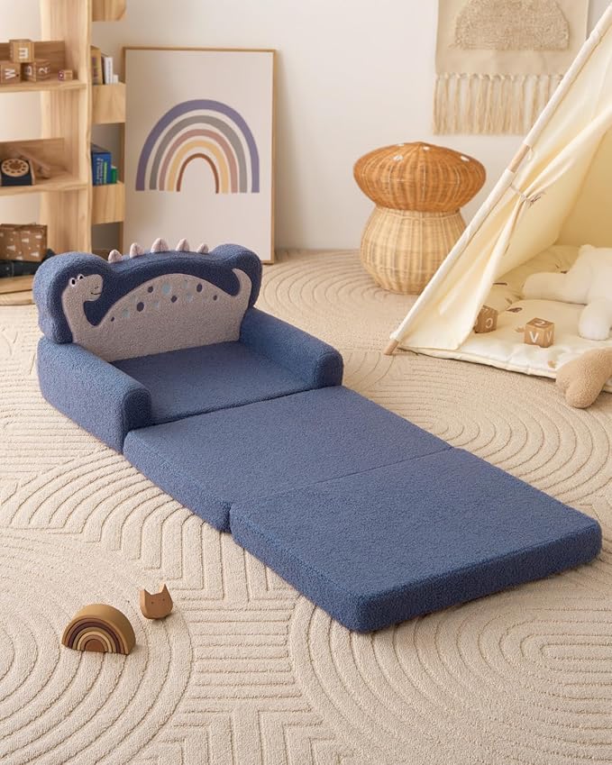 Blissful Diary Kids Couch, 2-in-1 Soft Toddler Couch Fold Out, Toddler Chair Comfy, Convertible Sofa to Lounger with Cute Dinosaur Designs, Blue