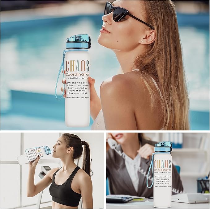 Macorner Chaos Coordinator Water Bottle Time Marker 32oz Leakproof - Birthday Gift Idea for Boss Women Coworker Manager Teacher Boss Lady Office Work Bestie - Suitable for School Gym Nurse Farewell