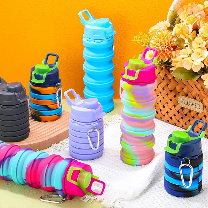 Sunnyray 20 Pack Collapsible Water Bottles 17oz Silicone Portable Water Bottle Bulk Foldable Leak Proof Water Bottle Reusable Camouflage Sports Bottles with Clip for Travel Hiking Camping Outdoor