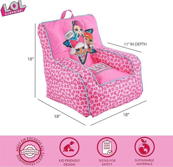 Idea Nuova LOL Surprise Kids Nylon Bean Bag Chair with Piping & Top Carry Handle, Large