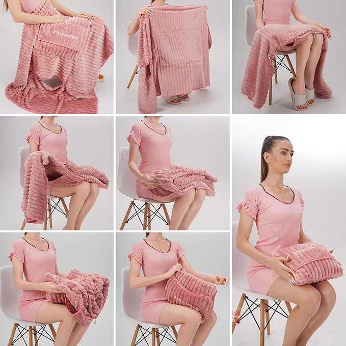 Travel Blanket Travel Blanket Airplane Compact with Bag 2 in 1 Travel Pillow and Blanket Set Travel Pillow and Blanket Car Road Trip Camping Essentials (Light Pink)