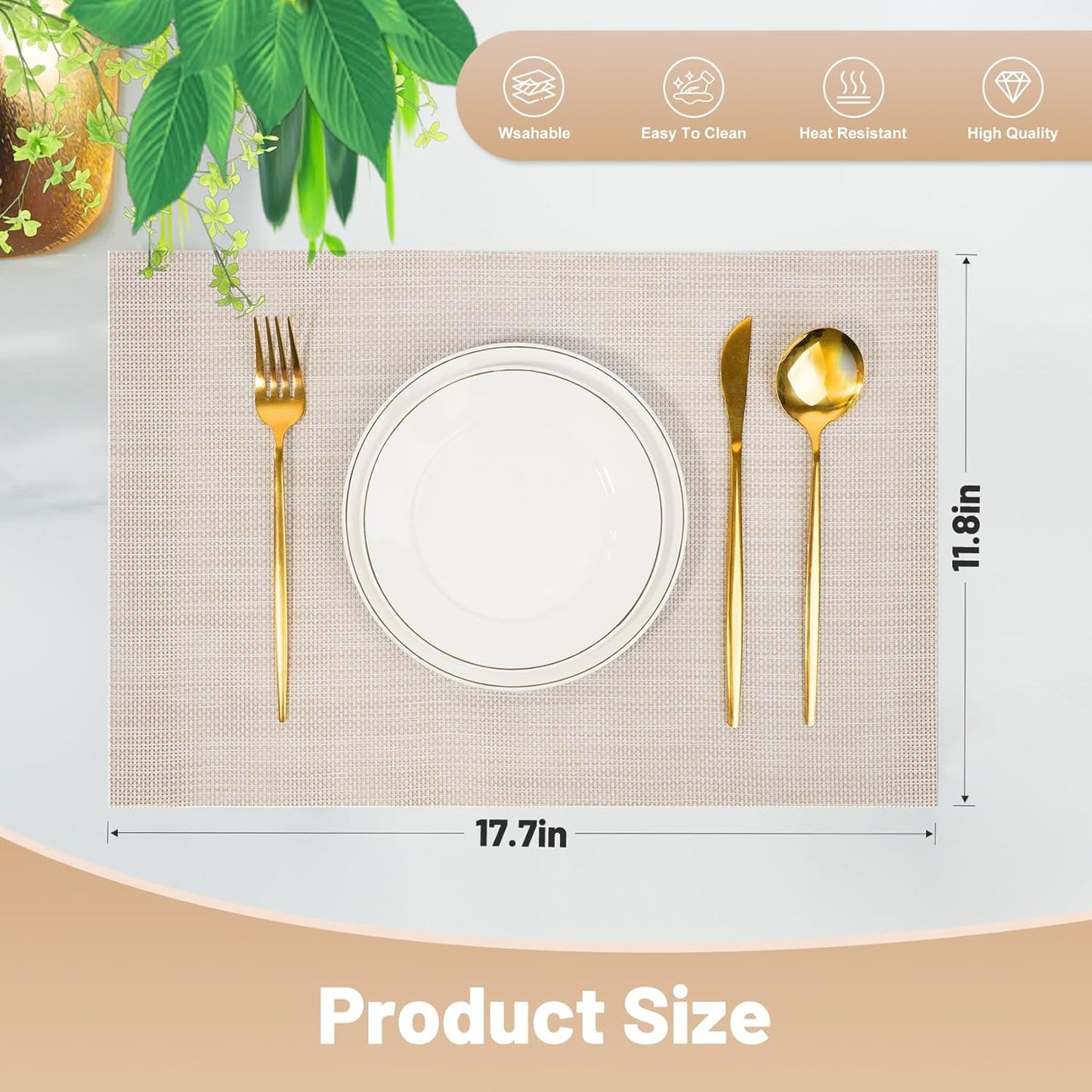 Placemats Set of 8，Non-Slip PVC Weave Table Mats Easy to Clean，Heat Resistant Place Mats for Kitchen Dining Table Decoration Indoor Outdoor，Beige White